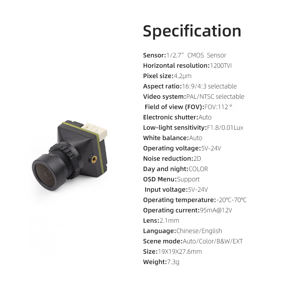 HGLRC L1 camera specifications chart with 1/2.7 CMOS sensor, 1200TVL, 5–24V input