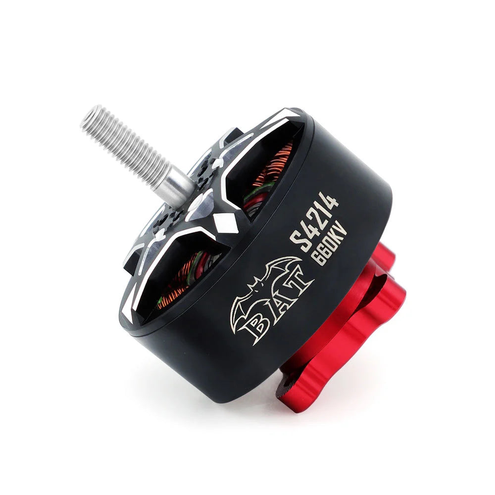 Angled side view of BAT S4214 660KV brushless motor for multirotor drones, red base mount