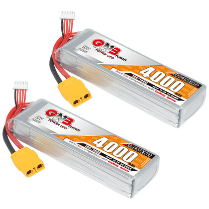 Two GAONENG GNB 4S LiHV 4000mAh 70C LiPo batteries with XT90 plugs, angled pair view