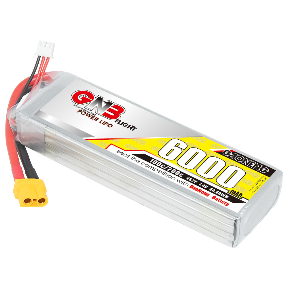 Angled view of GNB Flight 6000mAh LiPo battery showing XT60 connector and wiring