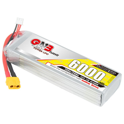 Angled view of GNB Flight 6000mAh LiPo battery showing XT60 connector and wiring
