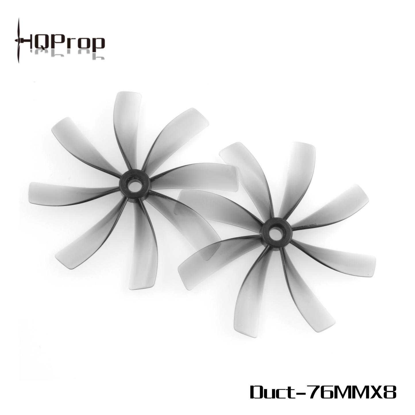 HQProp Duct-76MMX8 model graphic showing two grey 8-blade cinewhoop propellers on white