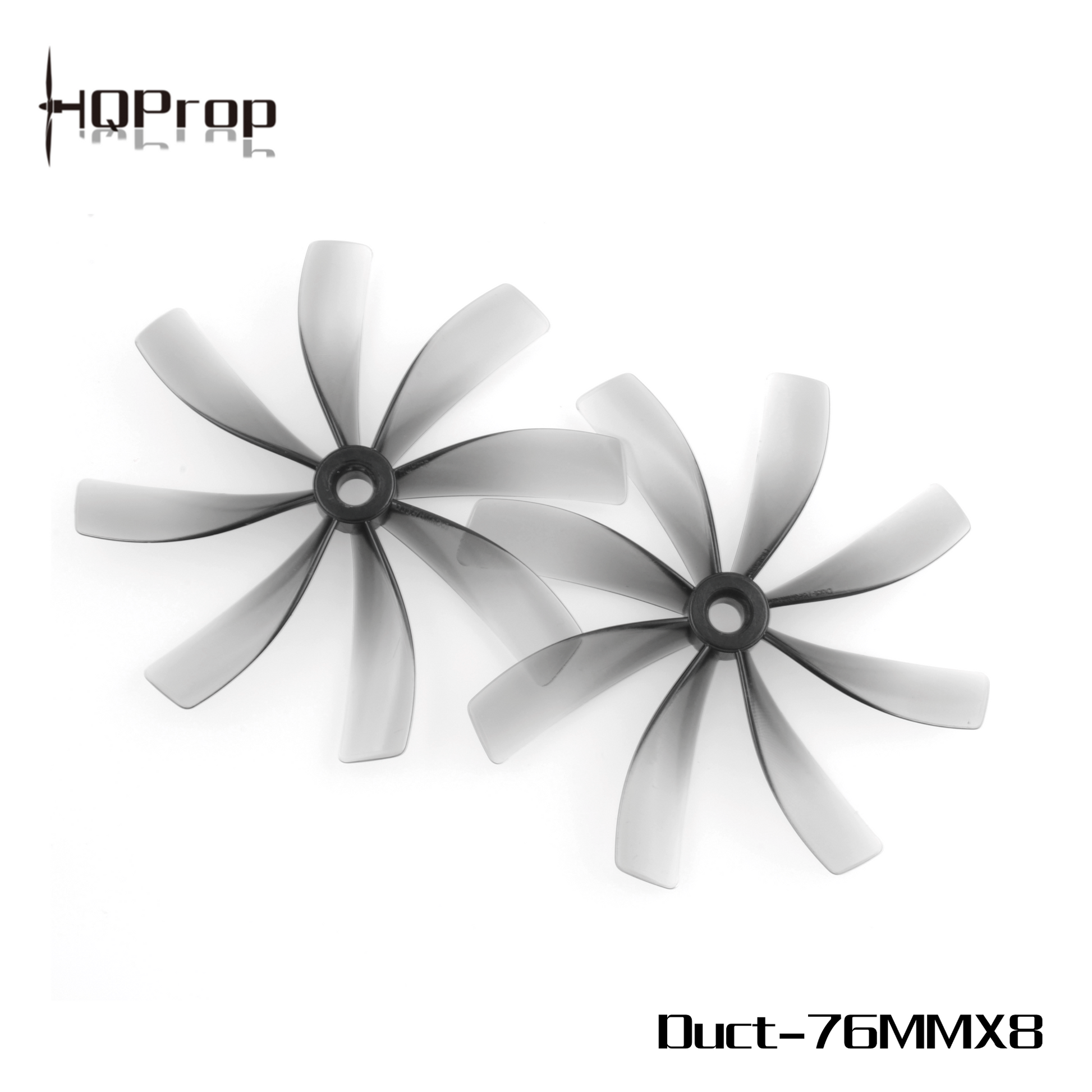 HQProp Duct-76MMX8 model graphic showing two grey 8-blade cinewhoop propellers on white