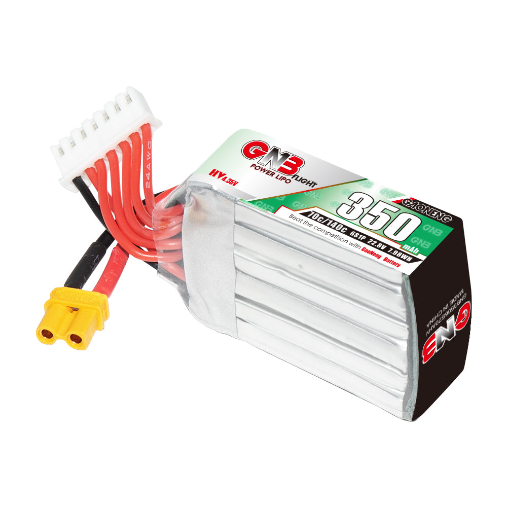 GNB 6S 350mAh LiHV LiPo battery angled view showing stacked cells, XT30 connector and balance plug