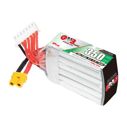 GNB 6S 350mAh LiHV LiPo battery angled view showing stacked cells, XT30 connector and balance plug