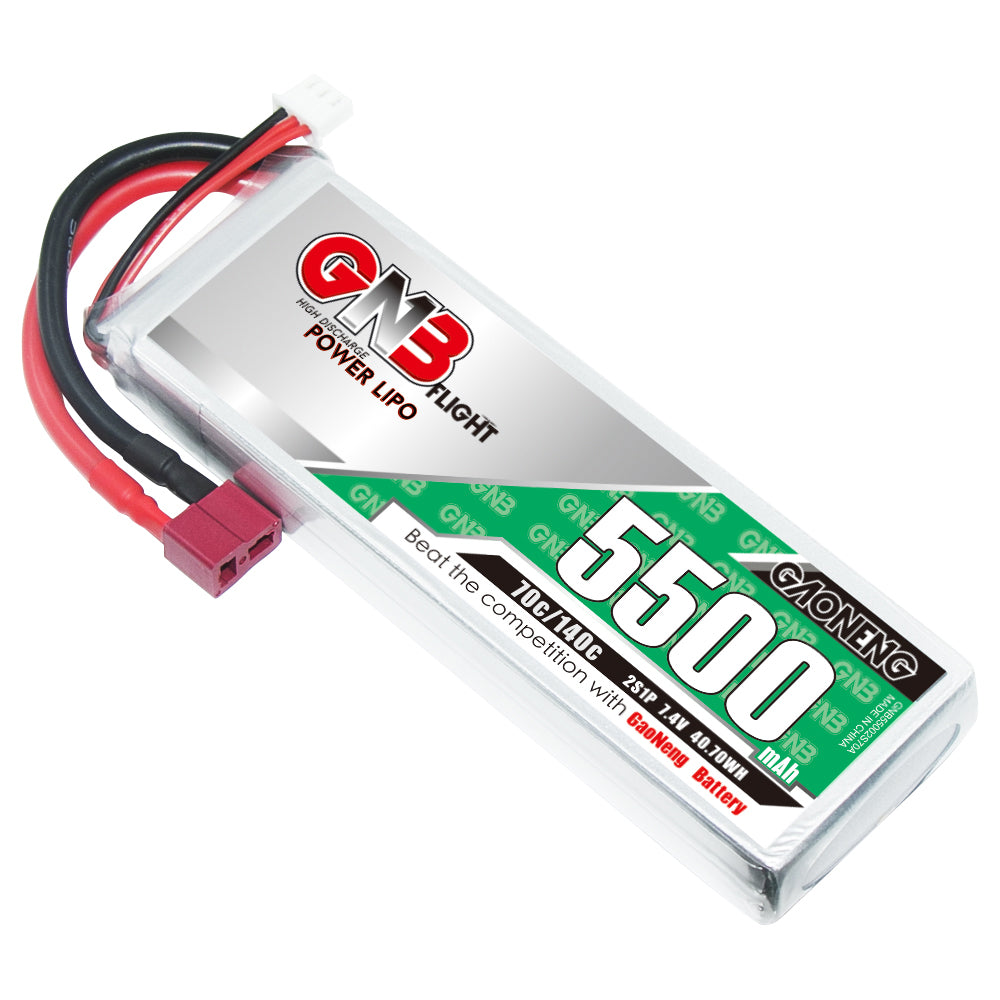 GAONENG GNB 2S 7.4V 5500mAh 70C LiPo battery with T-plug and balance lead, angled view