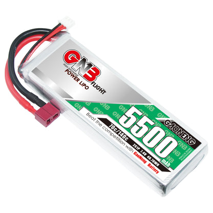 GAONENG GNB 2S 7.4V 5500mAh 70C LiPo battery with T-plug and balance lead, angled view