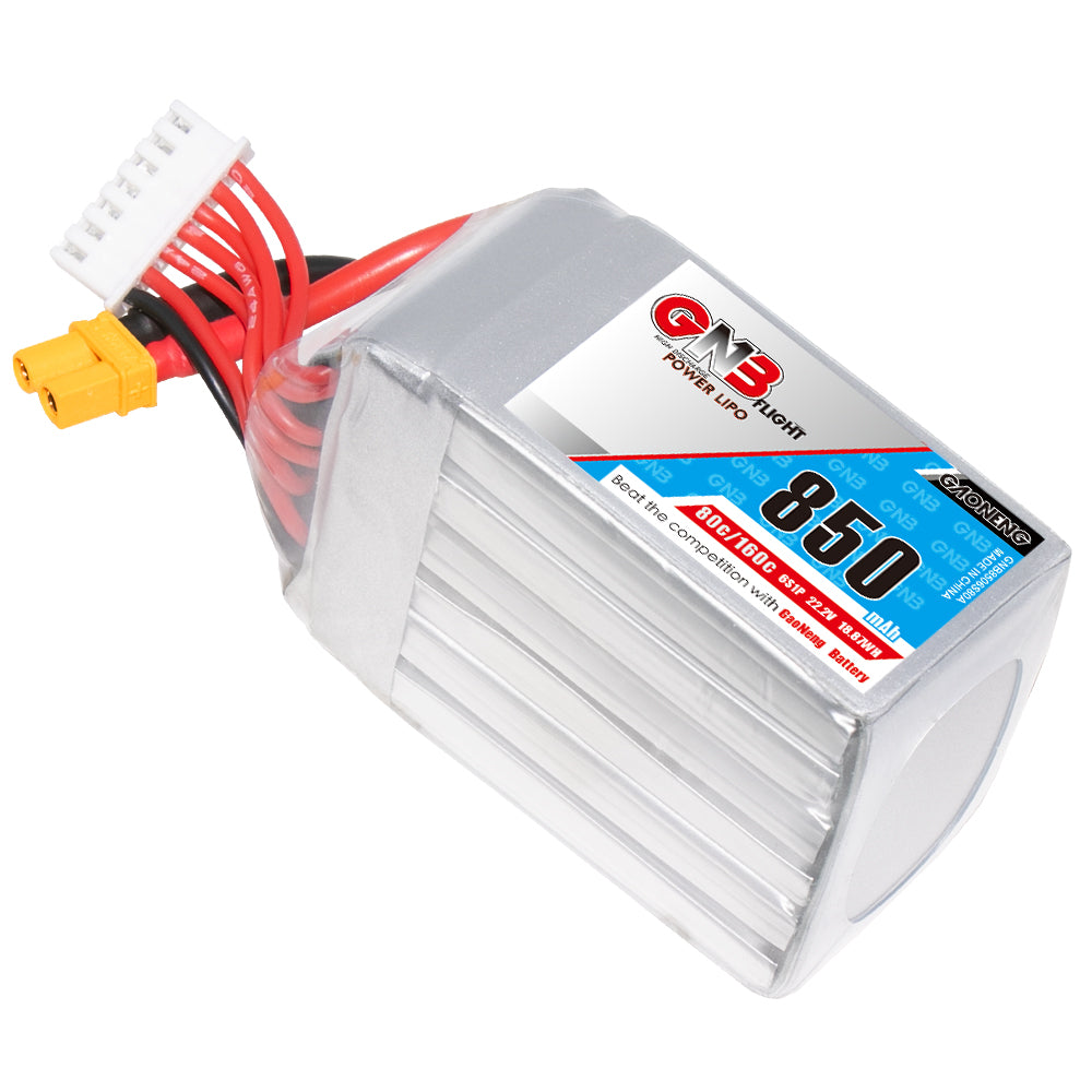 GNB 850mAh 6S LiPo battery angled side view showing ribbed case, XT30 lead and balance plug