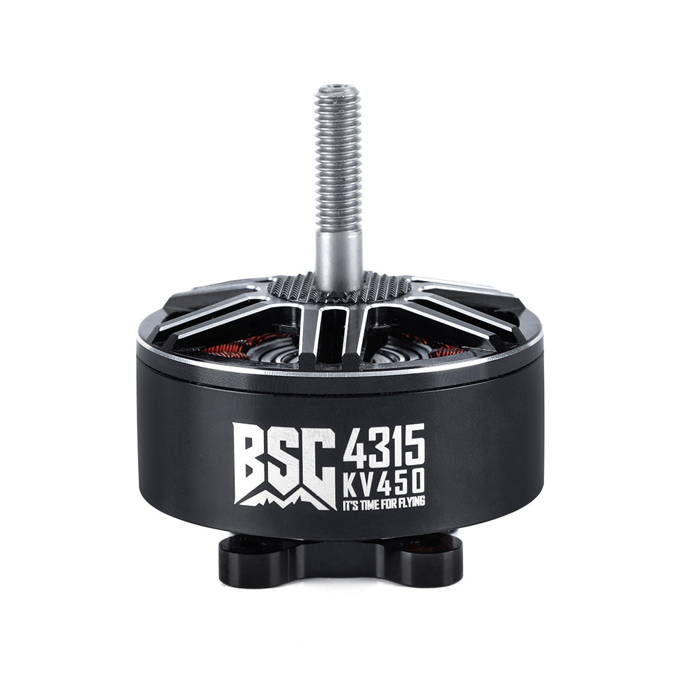 MAD BSC 4315 V1.0 450KV FPV Drone Motor, MAD BSC 4315 KV450 FPV drone brushless motor with black can, open top, and threaded shaft