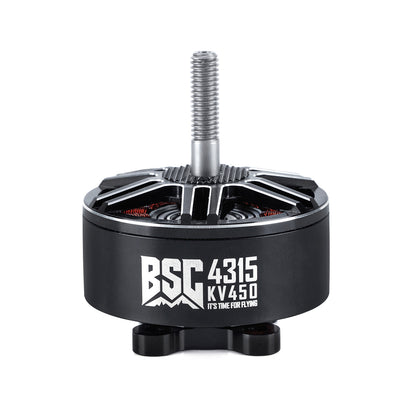 MAD BSC 4315 V1.0 450KV FPV Drone Motor, MAD BSC 4315 KV450 FPV drone brushless motor with black can, open top, and threaded shaft