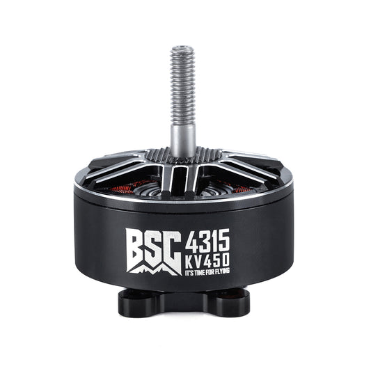 MAD BSC 4315 V1.0 450KV FPV Drone Motor, MAD BSC 4315 KV450 FPV drone brushless motor with black can, open top, and threaded shaft