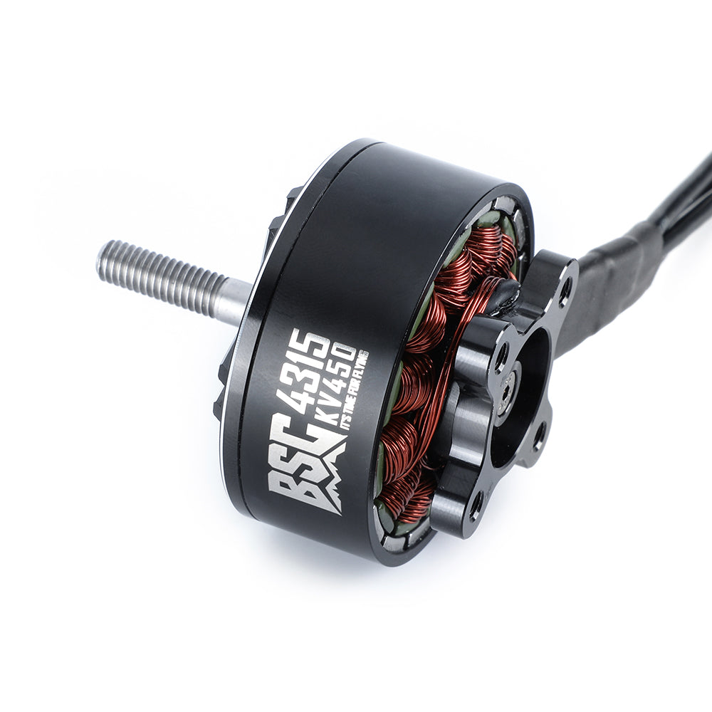 MAD BSC 4315 V1.0 450KV FPV Drone Motor, MAD BSC 4315 V1.0 450KV FPV drone brushless motor with black housing, exposed copper windings, and threaded shaft
