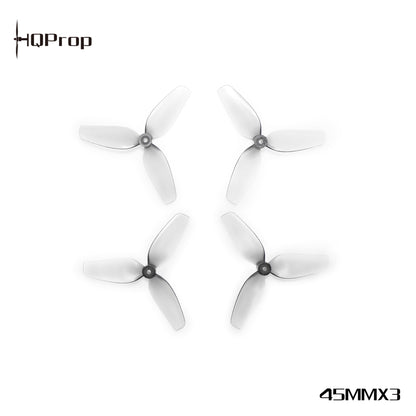 HQProp 45MMX3 tri-blade micro whoop propellers, four pieces shown on white background