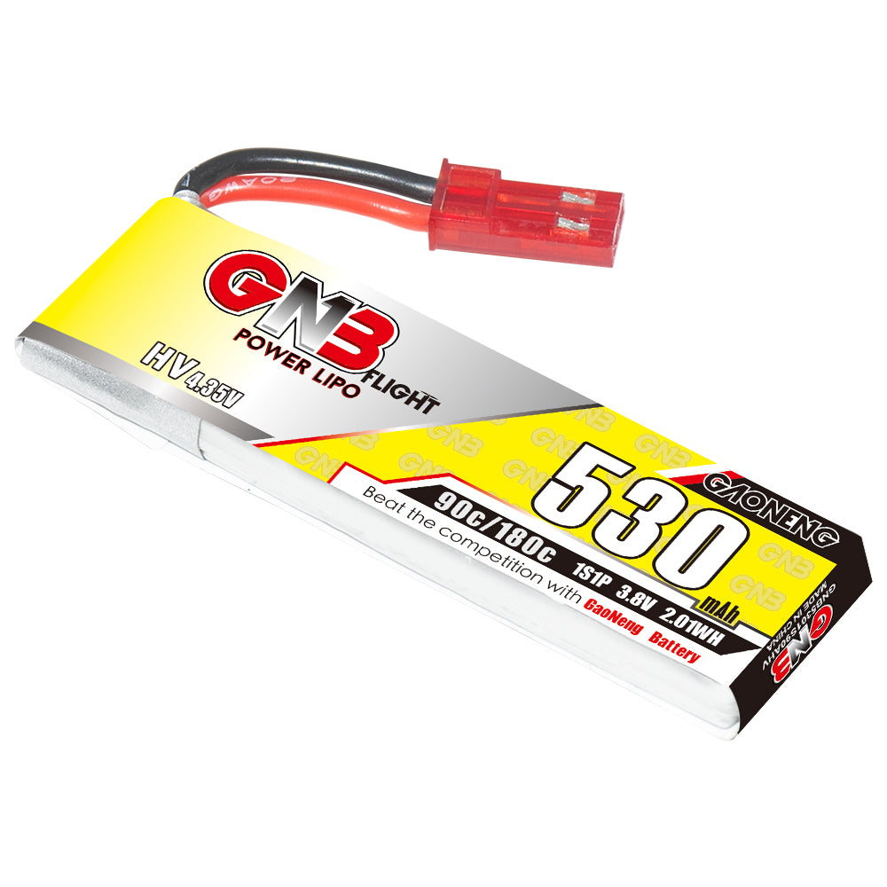 GAONENG GNB 1S 3.8V 530mAh 90C LiHV LiPo Battery angled single-battery front view