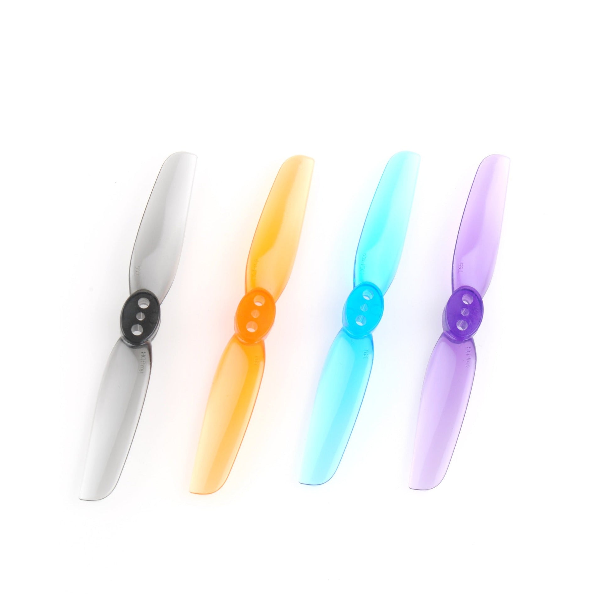 HQ Durable Prop T65MM propellers shown in four colors: grey, orange, light blue, and purple