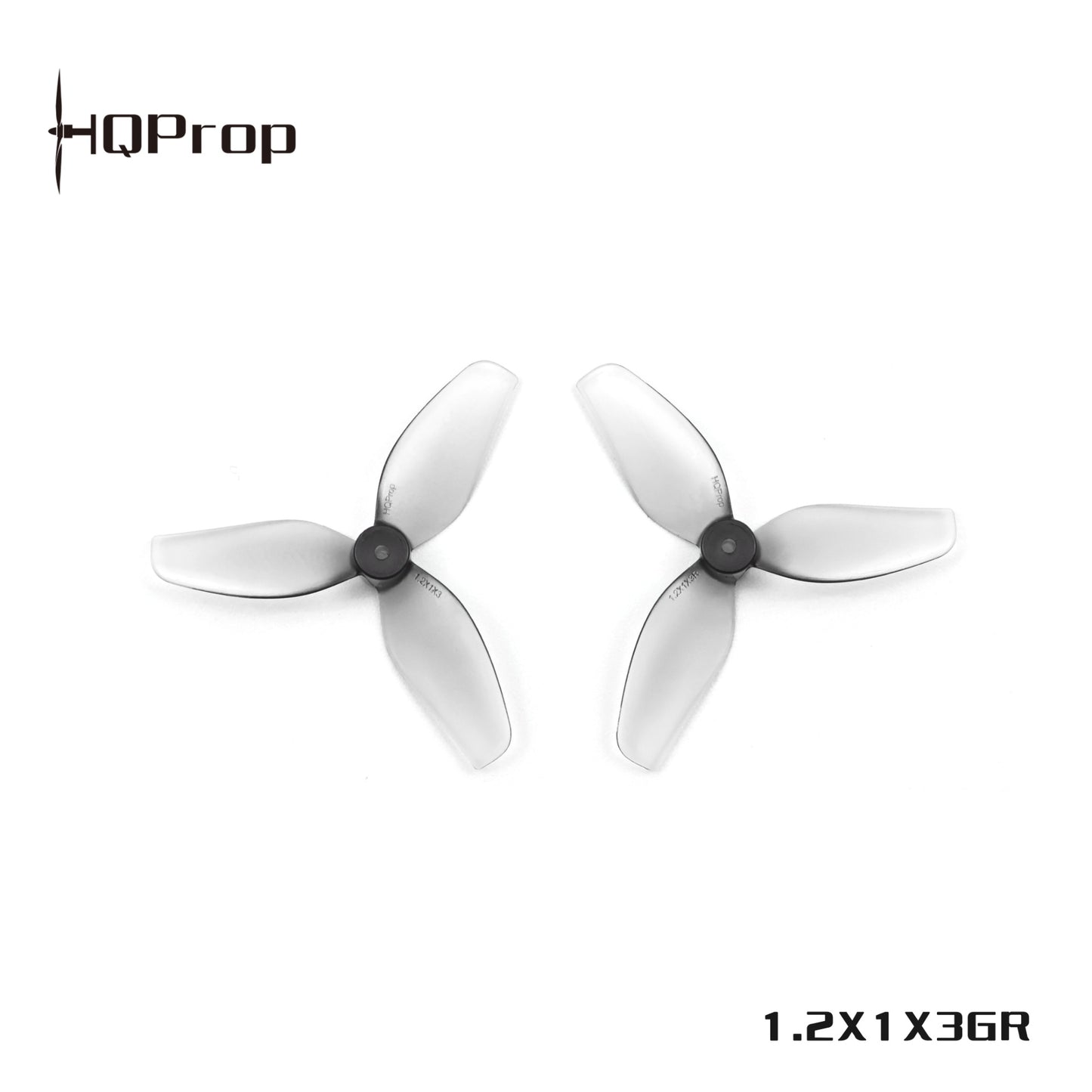 HQProp 1.2X1X3GR translucent gray 3-blade whoop props shown as a matched pair (CW/CCW style)