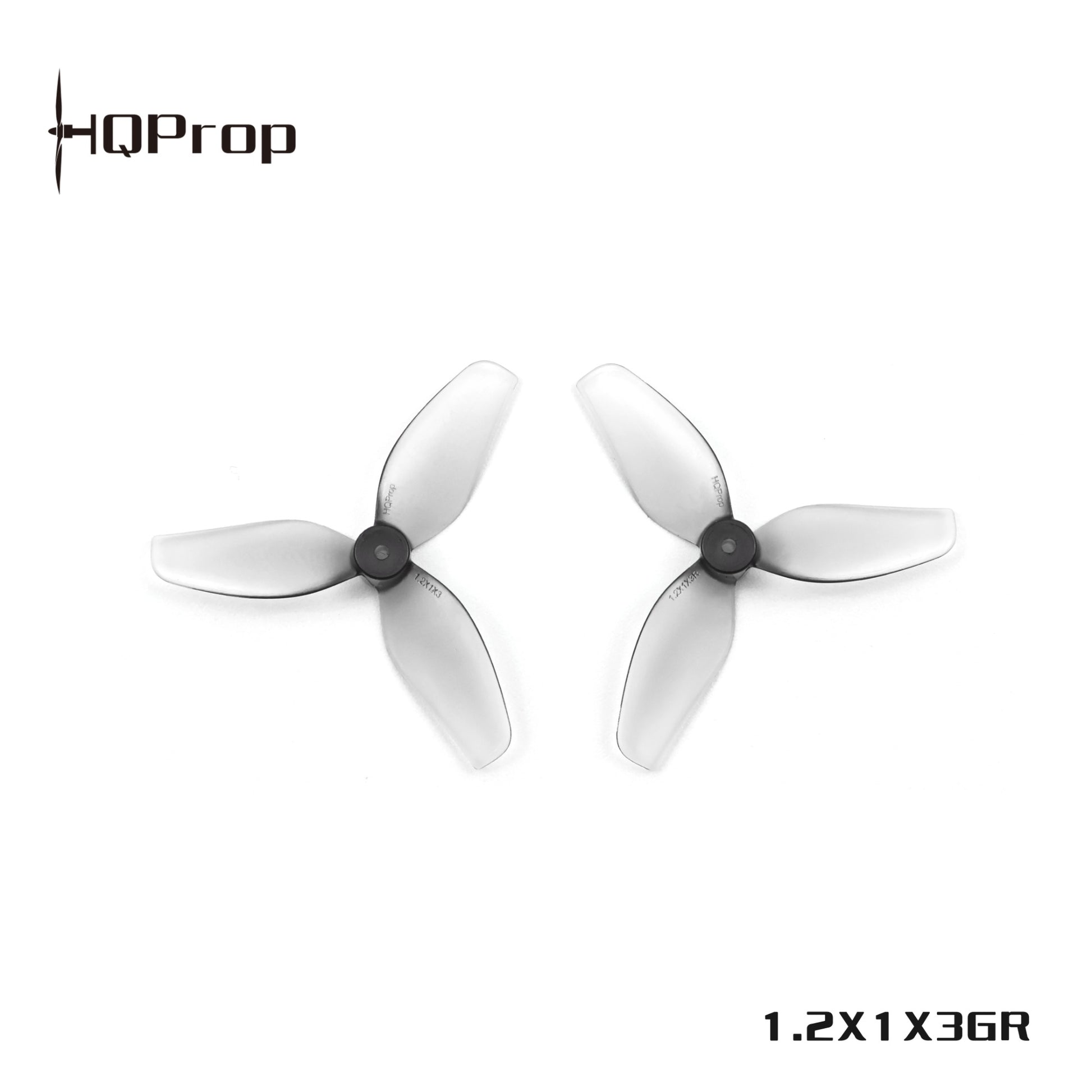 HQProp 1.2X1X3GR translucent gray 3-blade whoop props shown as a matched pair (CW/CCW style)