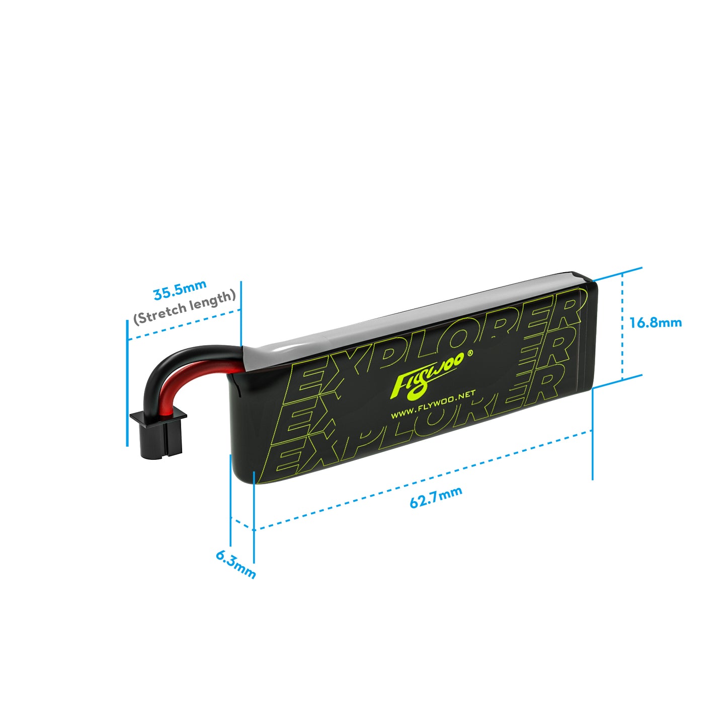 4pcs Flywoo Explorer 1S 450mAh LiHV V2 Battery, Flywoo Explorer 1S LiHV V2 450mAh battery with A30 plug, showing 62.7 x 16.8 x 6.3mm size and lead length