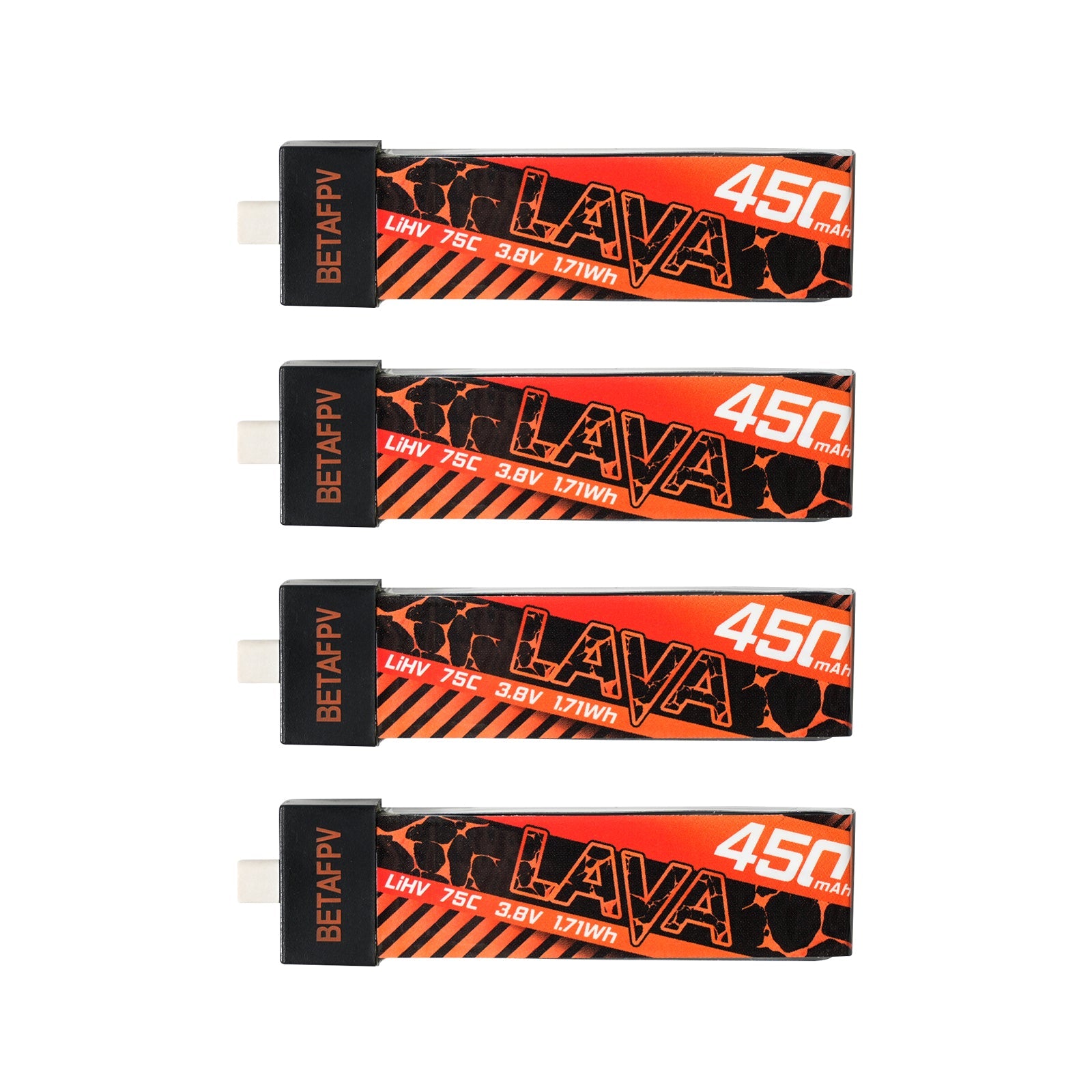 BetaFPV LAVA 1S 450mAh 75C LiHV Battery pack, 4 pieces with BT2.0 connector, 3.8V