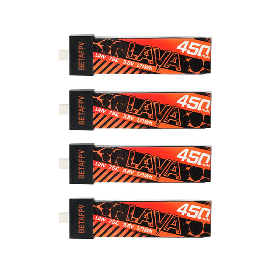 BetaFPV LAVA 1S 450mAh 75C LiHV Battery pack, 4 pieces with BT2.0 connector, 3.8V