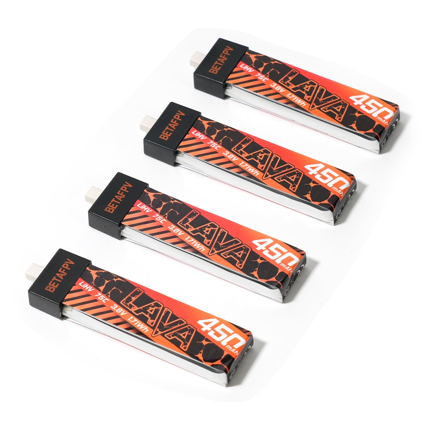 Four BetaFPV LAVA 450mAh 1S LiHV batteries laid out diagonally, orange-and-black wrap