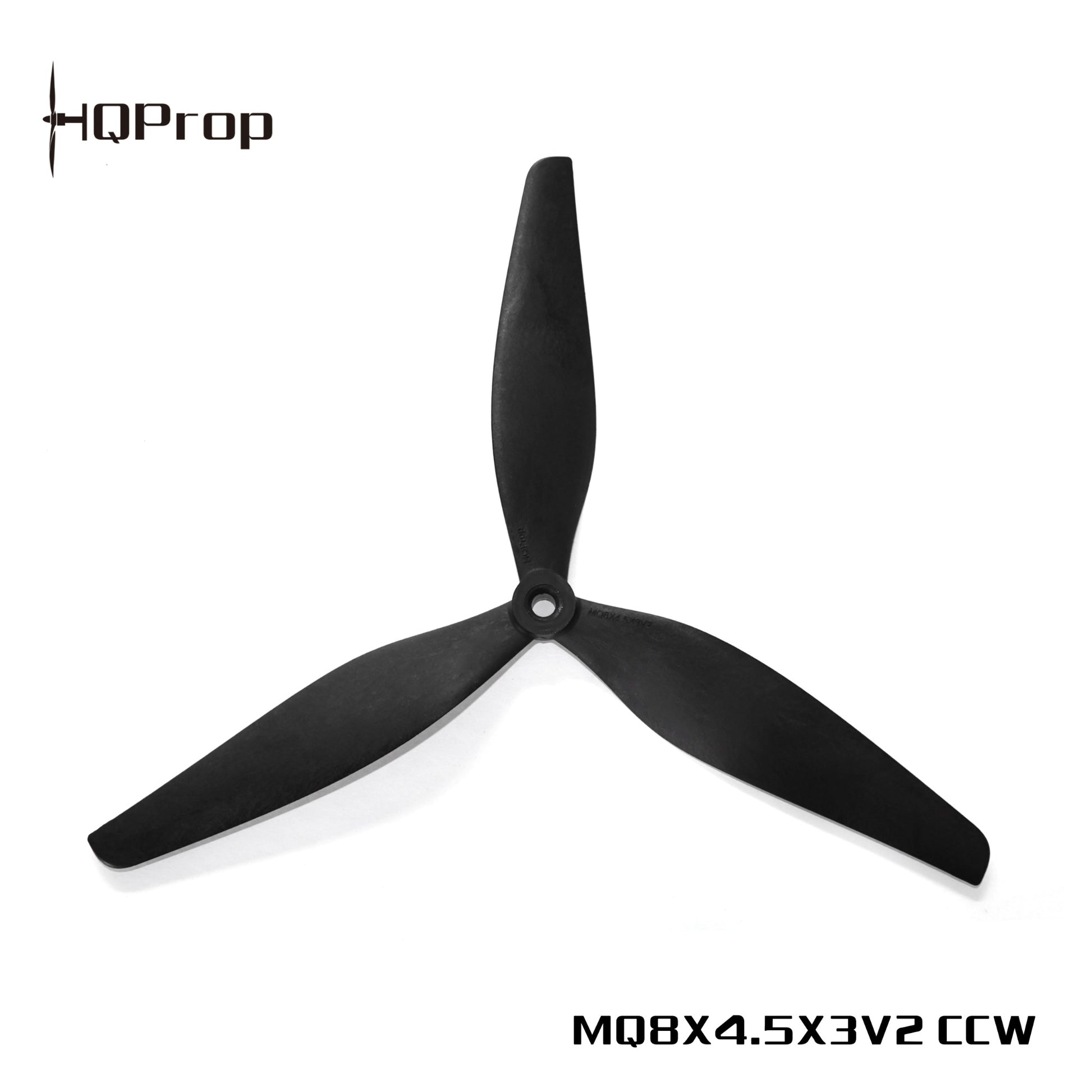 HQProp MQ8X4.5X3V2 CCW 8-inch 3-blade propeller, black tri-blade with label