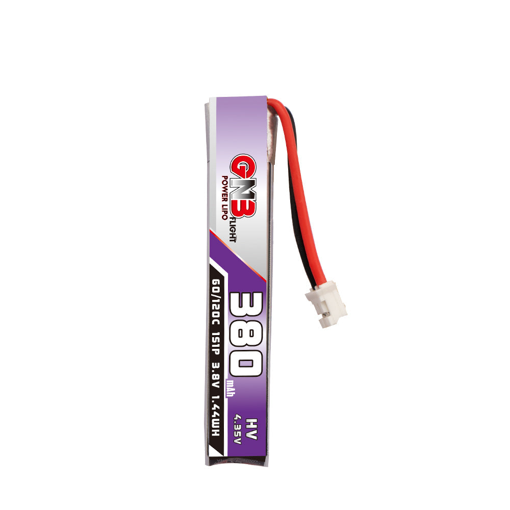 GAONENG GNB 380mAh 1S 3.8V LiHV 60C LiPo battery, vertical view with PH2.0 plug