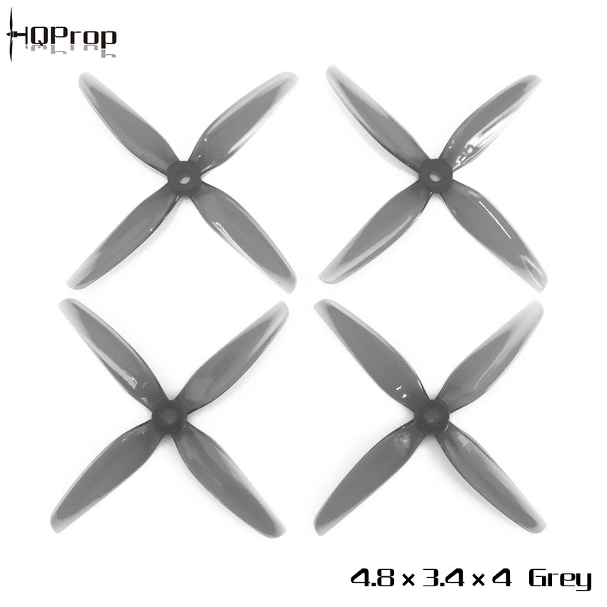 HQProp 4.8 x 3.4 x 4 Grey four-blade propellers shown with size label and brand mark