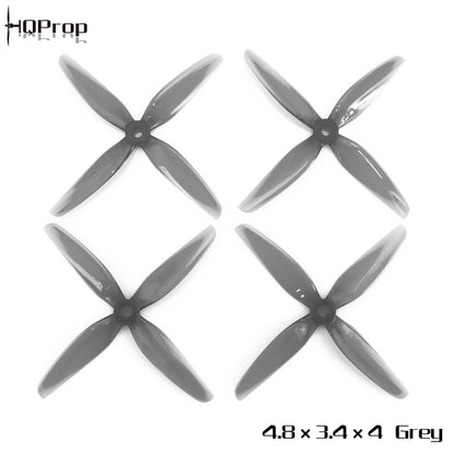 HQProp 4.8 x 3.4 x 4 Grey four-blade propellers shown with size label and brand mark