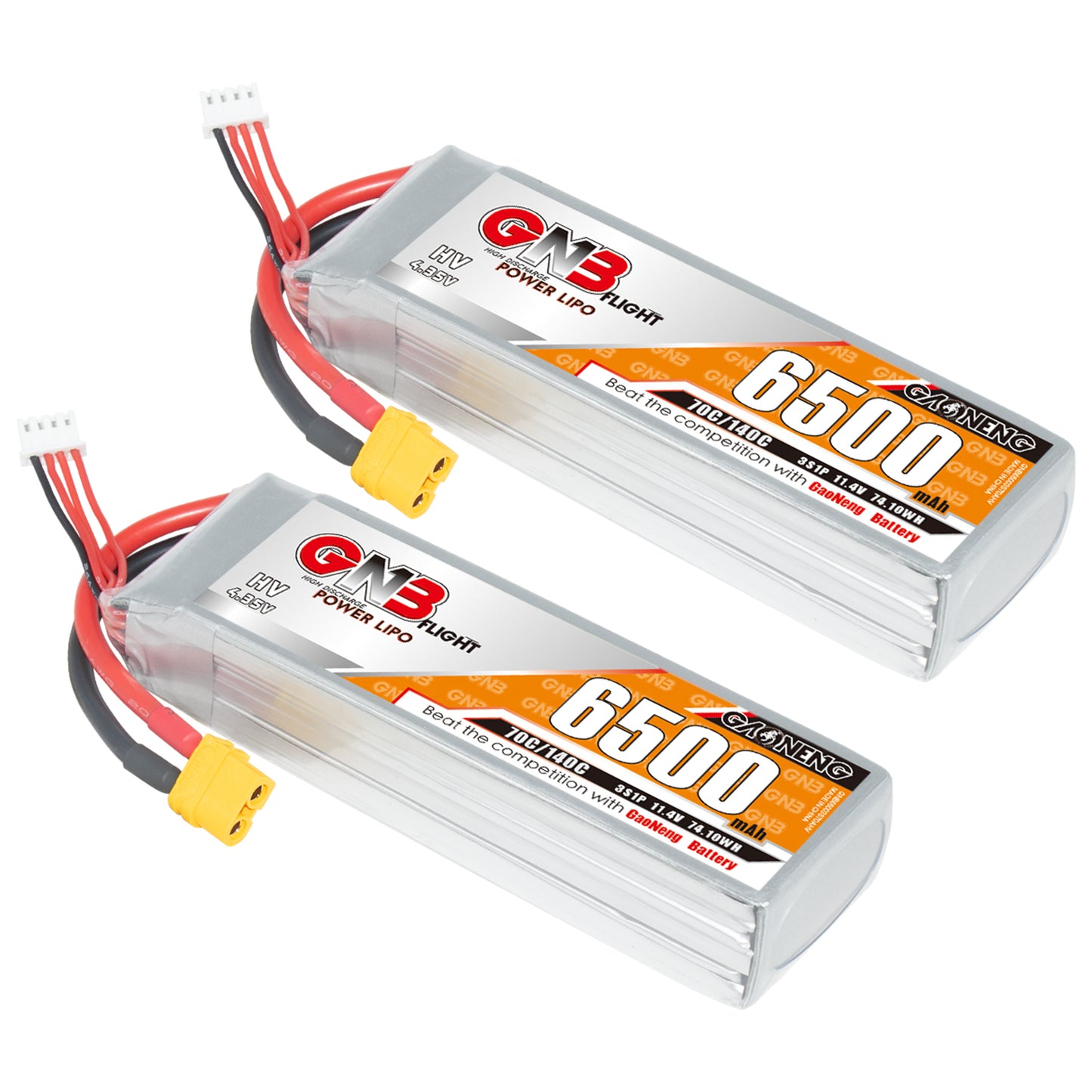Two GNB 6500mAh HV LiPo batteries shown at angle with XT60 plug and 3S balance lead