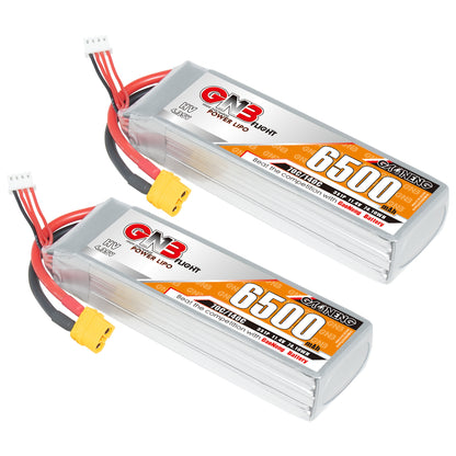 Two GNB 6500mAh HV LiPo batteries shown at angle with XT60 plug and 3S balance lead