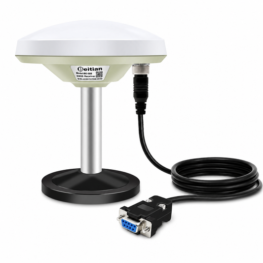 Beitian BE-59D M10050 GNSS positioning antenna on stand with coiled cable and DB9 serial connector