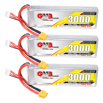 Three GNB 3000mAh 3S LiPo batteries displayed, each with XT60 connector and balance lead