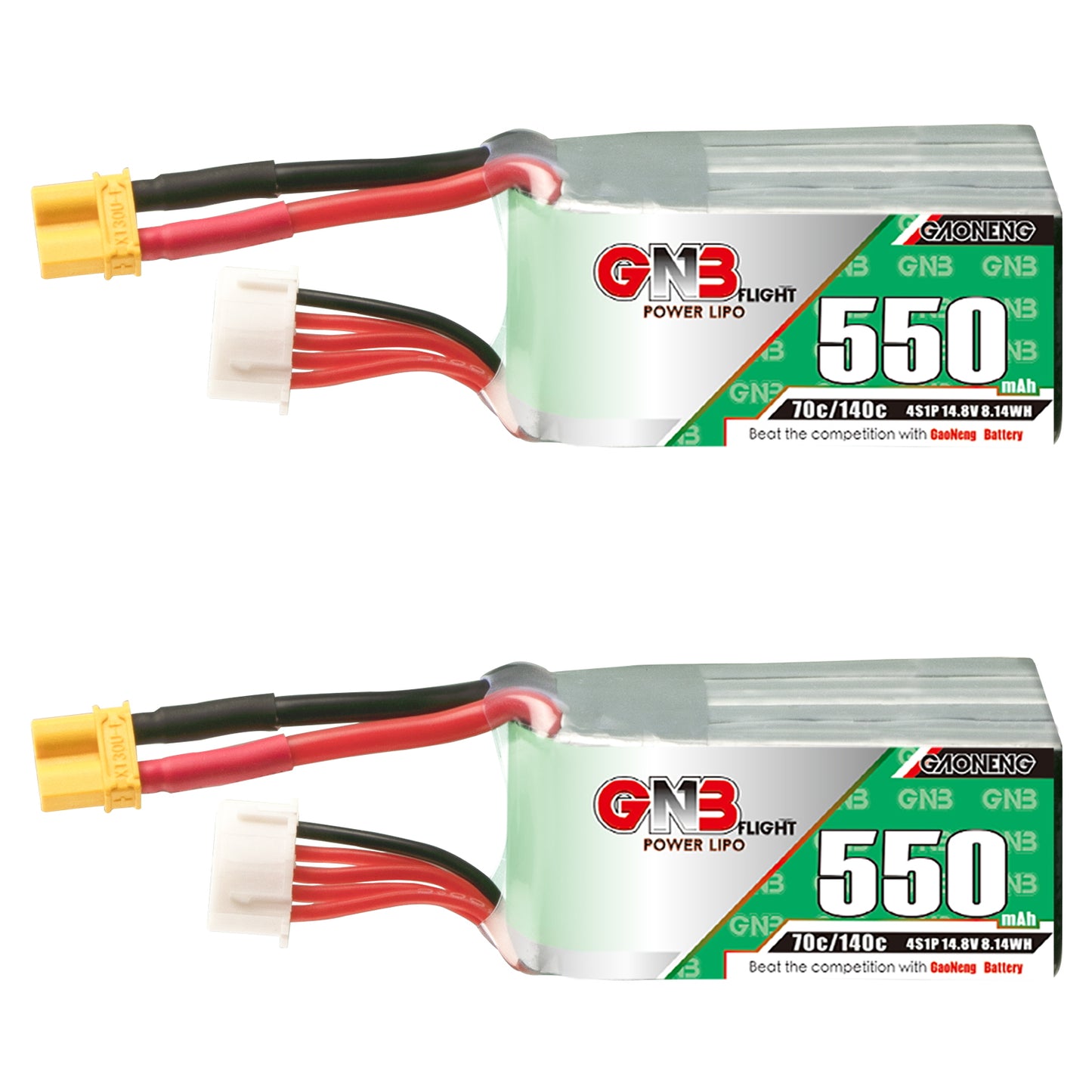 GAONENG GNB 4S 14.8V 550mAh 70C XT30 LiPo Battery, label side view with balance lead