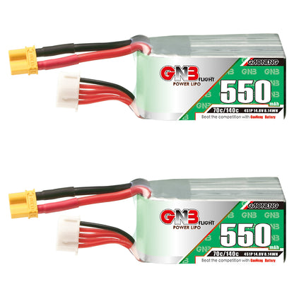 GAONENG GNB 4S 14.8V 550mAh 70C XT30 LiPo Battery, label side view with balance lead