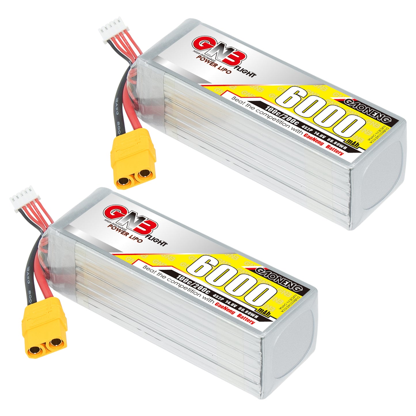 Two GAONENG GNB 6000mAh 4S LiPo batteries shown together with XT90 connectors, side-by-side display