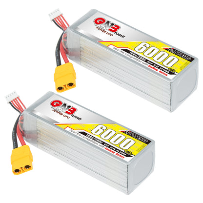 Two GAONENG GNB 6000mAh 4S LiPo batteries shown together with XT90 connectors, side-by-side display