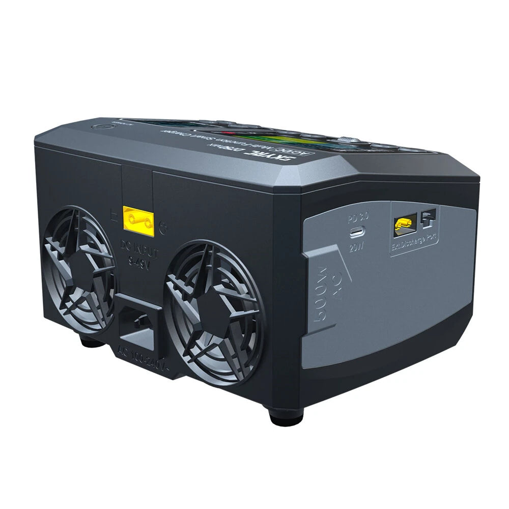 SkyRC D750 MIX AC/DC smart charger with dual cooling fans and front charging ports on a compact desktop unit
