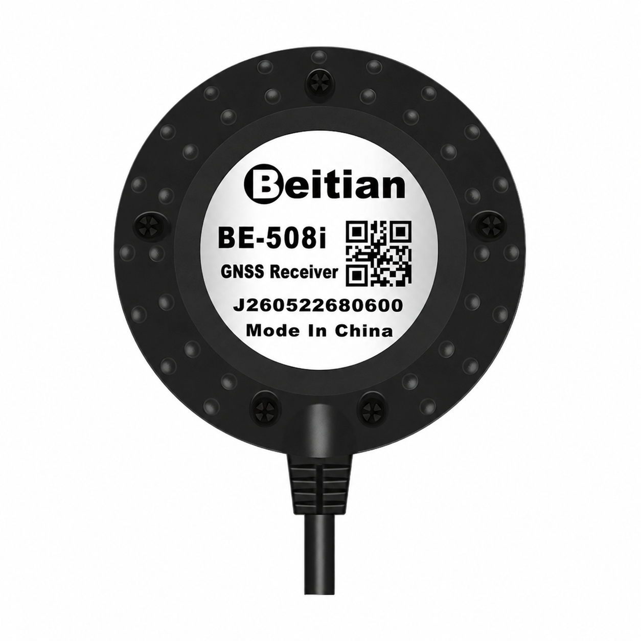 Beitian BE-508i GNSS receiver module top label with QR code and cable lead, round puck housing