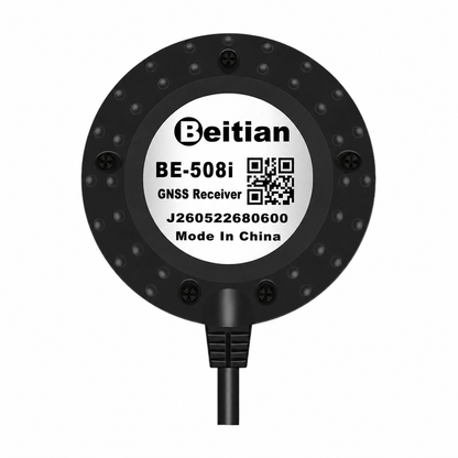 Beitian BE-508i GNSS receiver module top label with QR code and cable lead, round puck housing