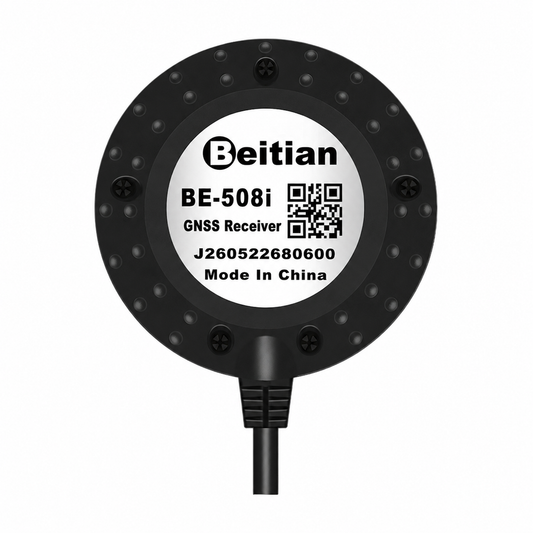 Beitian BE-508i GNSS receiver module top label with QR code and cable lead, round puck housing