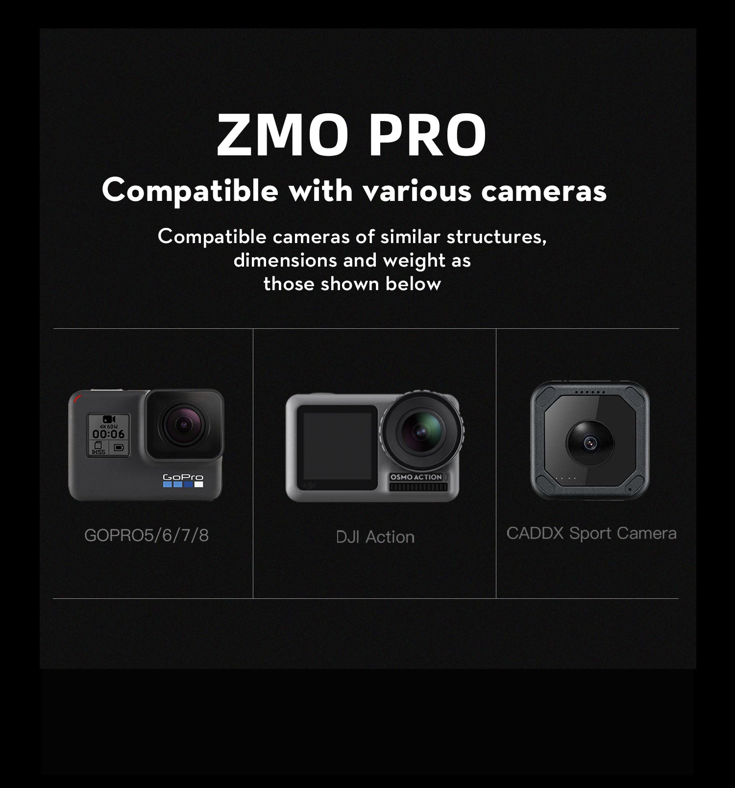 OMPHOBBY ZMO PRO VTOL FPV Aircraft, Compatible with multiple camera brands, including AKGOW, GoPro, and DJI Action/Caddx Sport.