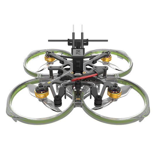 Flywoo FlyLens 85 ducted brushless whoop drone kit with clear prop guards, gold motors, and top antenna mount