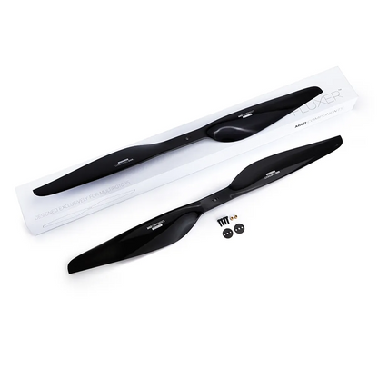 MAD FLUXER Pro Shine carbon fiber drone propeller set with two black prop blades, mounting plates and screws