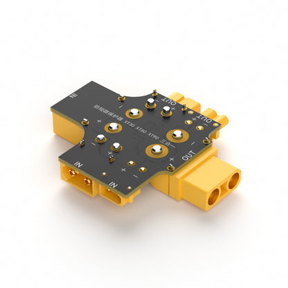 3-in-1 short circuit protector board with XT30/XT60/XT90 connectors, labeled IN/OUT and polarity markers
