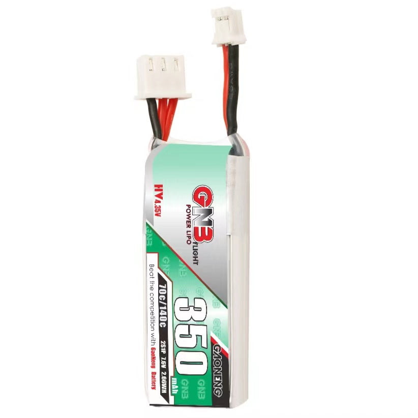 Single GNB 350mAh LiHV micro FPV drone battery shown upright with balance and power connectors