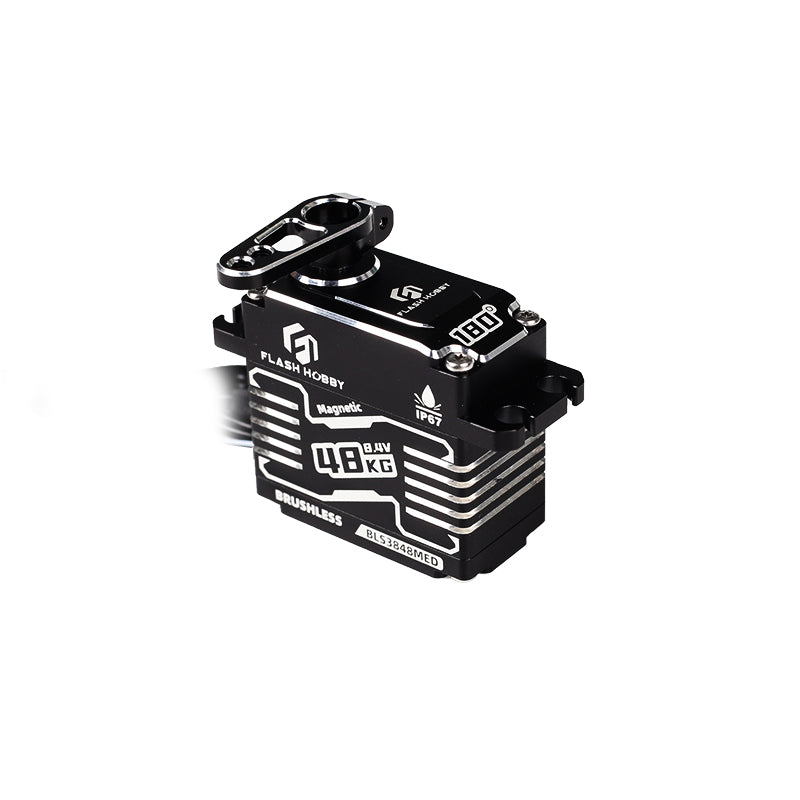 Flashhobby BLS3848MED brushless digital servo with 48KG 8.4V label, 180° marking, and IP67 case