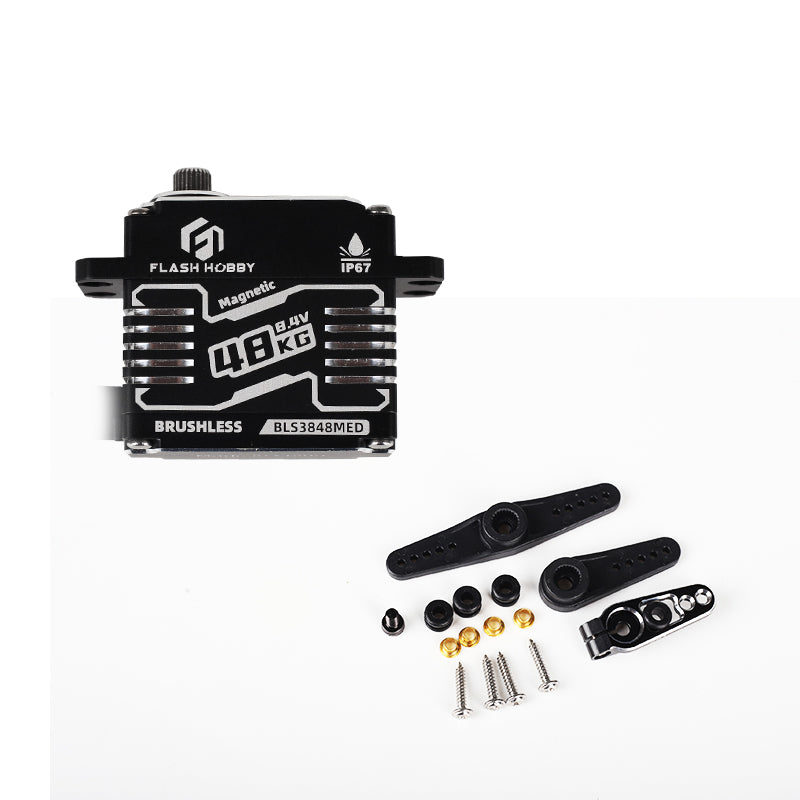 Flashhobby BLS3848MED brushless digital servo with IP67 case, 48KG label, plus servo horns and screws