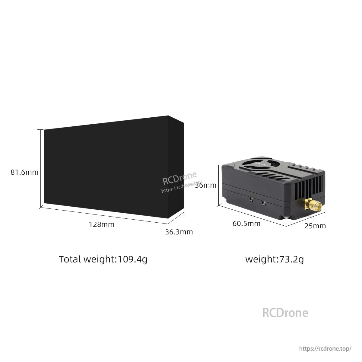 Dimensions and weight diagram showing product size (60.5×36×25mm) and weight 73.2g plus box size