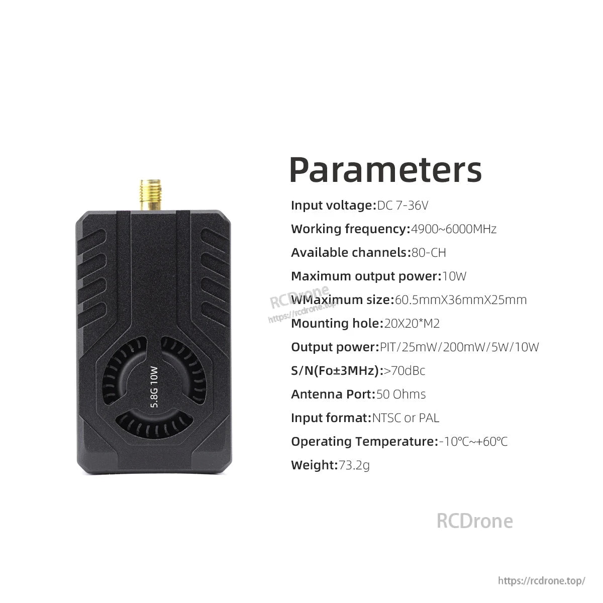 Parameter chart for VTX: DC 7–36V input, 4900–6000MHz, 80CH, output power options and size